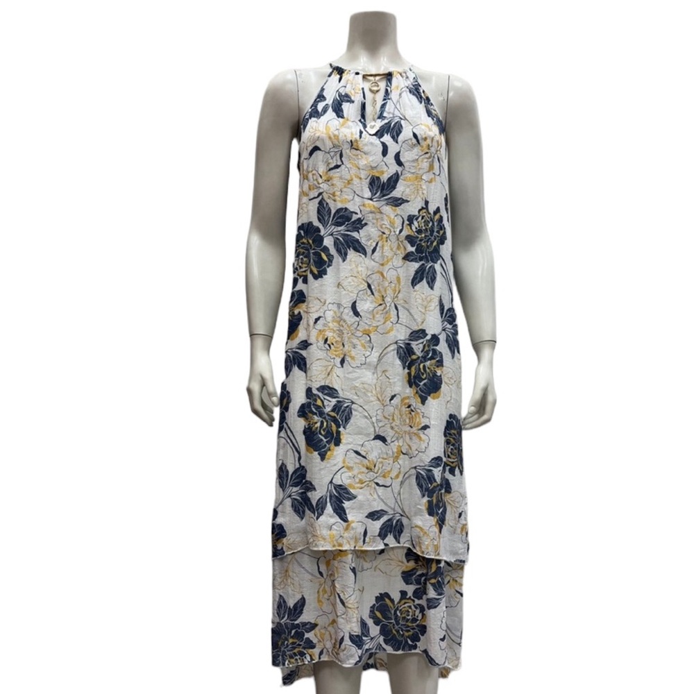 Mille Gabrielle Ivory, Navy, Gold Floral Halter Ruffle layer Dress